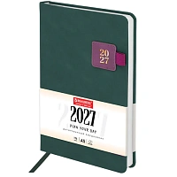 Ежедневник датированный 2027, А5, 138х213 мм, BRAUBERG "Accent", под кожу, держатель, зеленый/бордо, 118004
