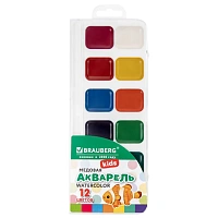 Краски акварельные BRAUBERG KIDS NEW, медовые, 12 цветов, квадратные кюветы, пластиковый пенал с европодвесом, 192796