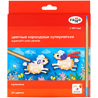 Карандаши цветные Гамма "Мультики", 24цв., супермягкие, увелич. диаметр грифеля 4,0мм, заточен., картон. упак., европодвес