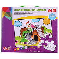 Пазл-раскраска "Домашние питомцы" панно 58*43,5см 12 деталей+краски 6шт+кисти 2шт