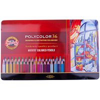 Карандаши "PolyColor" художественные 36цв., заточен., метал. пенал: 3825036002PL