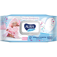 Салфетки влажные Aura "Ultra comfort", 16,5*16,5см, 100шт., детские, очищающие, без спирта, клапан. 8109