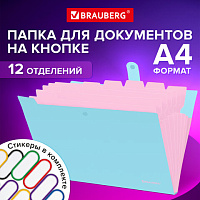 Папка-органайзер на кнопке 12 отделений, BRAUBERG Extra, А4, голубая с розовым, 271932