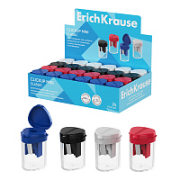 Точилка пластиковая ErichKrause Клик Мини, Классика, с прозрачным контейнером, ассорти (в коробке-дисплее по 24 штуки)